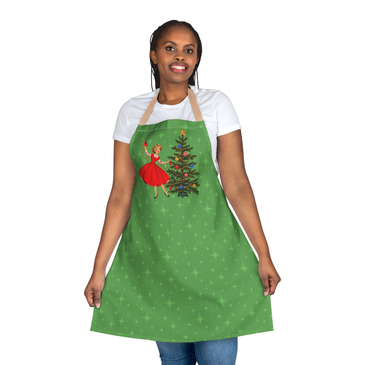 Mid Century Modern Gal Decorating Christmas Tree, Green Atomic Starbursts Apron