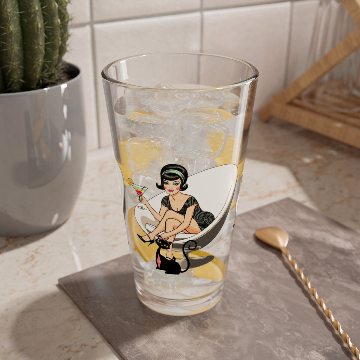 Mid Century Modern Gal, Atomic CatRetro Cocktail Glass - 16oz Stylish Barware with Mid Mod Design - Mid Century Modern Gal
