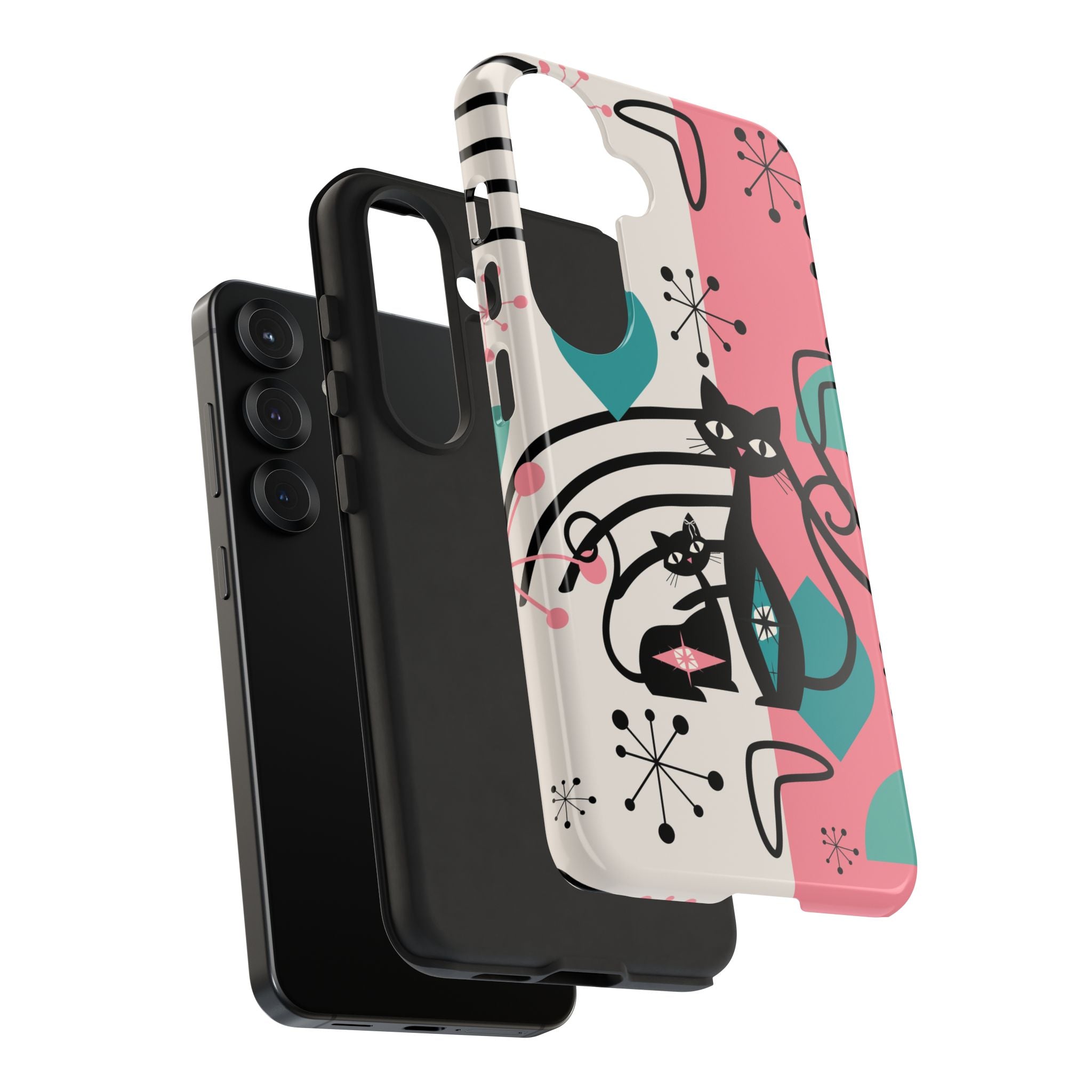 Mid Mod Atomic Cat Boomerang Starburst, Pink, Black Kitschy Stylish Cat Phone Case: Modern Design for Cat Lovers