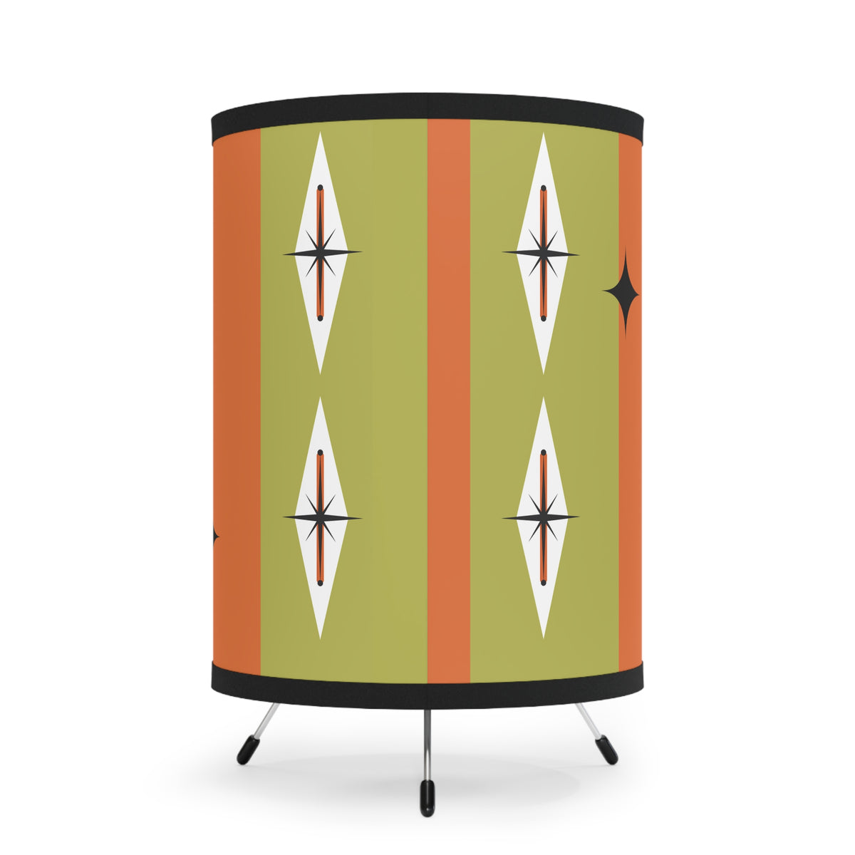 Mid-Century Modern Tripod Lamp For Home Bar, Orange Green Starburst with Cat Design - Starlite Lounge - Mid Century Modern Gal