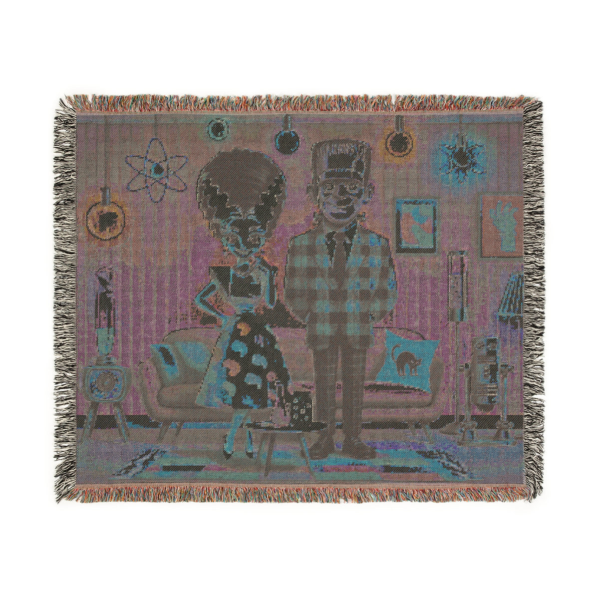 Frankenstein And Bride Woven Blanket, Kitschy Mid Mod Style - Mid Century Modern Gal