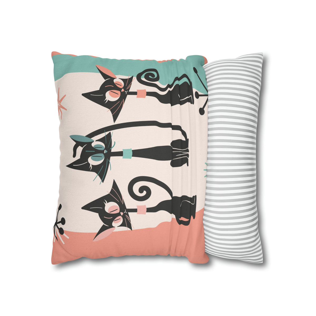 Atomic Cat Pillow, Kitschy 50s Mid Century Modern Style, Coral, Aqua, Creamy Beige, Retro MCM Atomic Home Living Pillow COVER - Mid Century Modern Gal