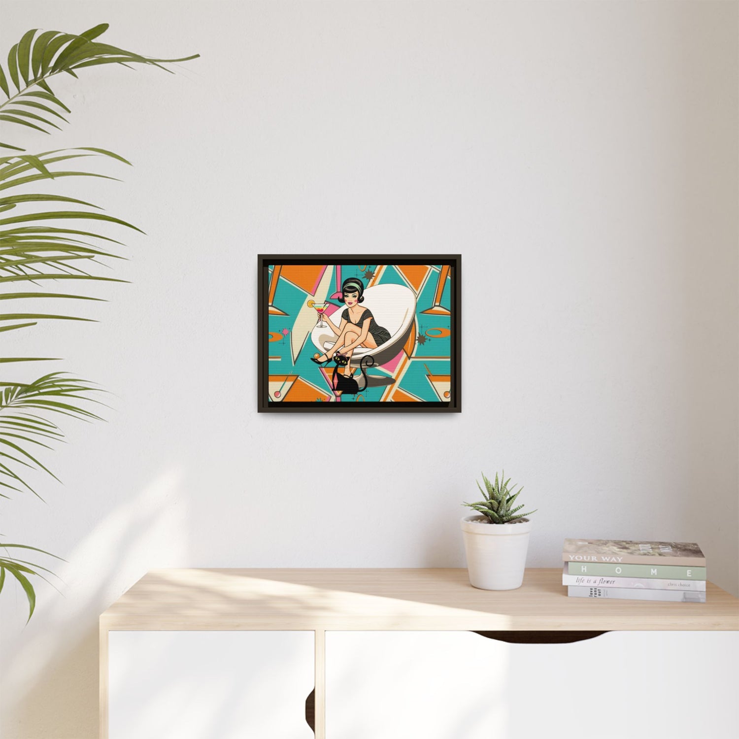 Mid Mod 60s Gal, Atomic Cat Barware Wall Art - Framed Matte Canvas with Vintage Cocktail And Retro Cat Design