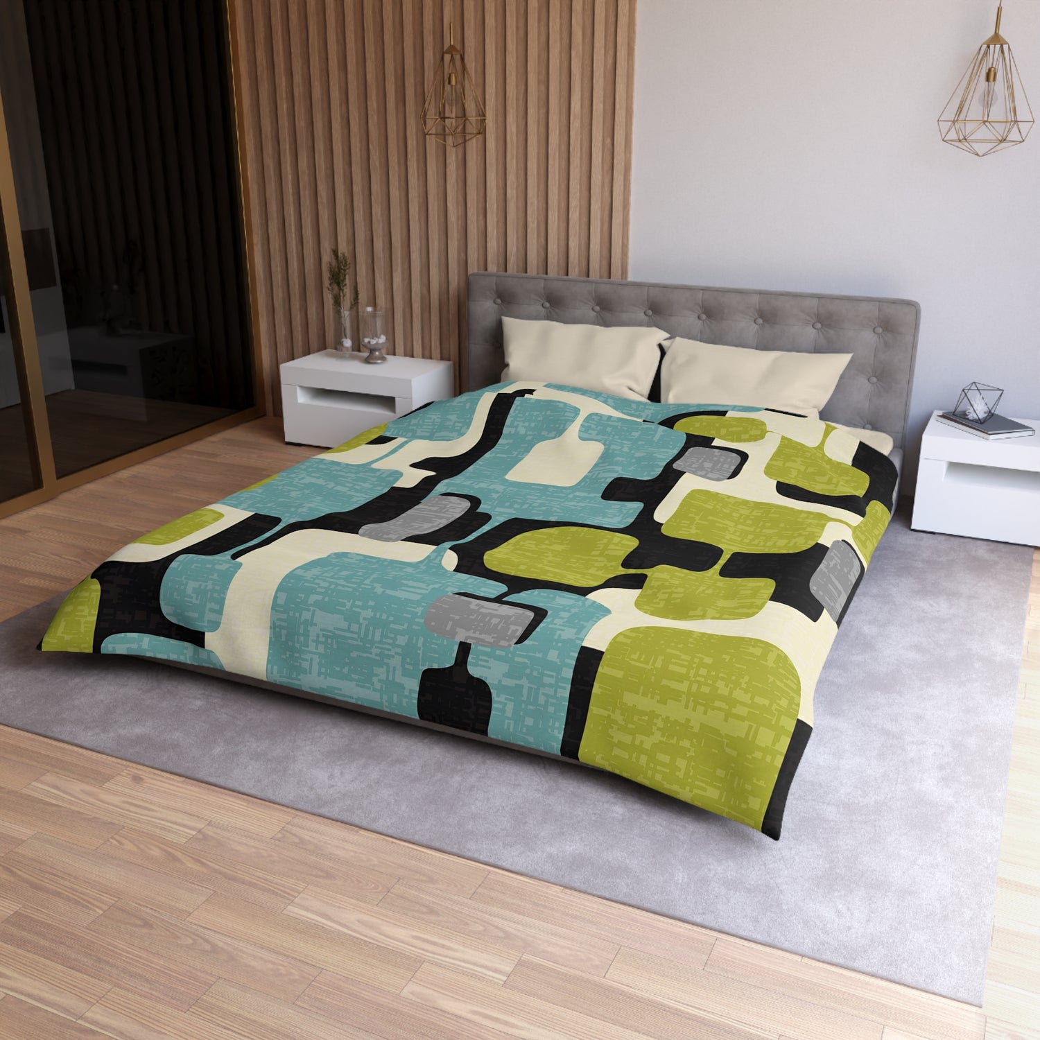 Mid Century Modern Geometric Atomic Home Living, Aqua Blue, Green, Black Gray Microfiber Duvet Cover - Mid Century Modern Gal