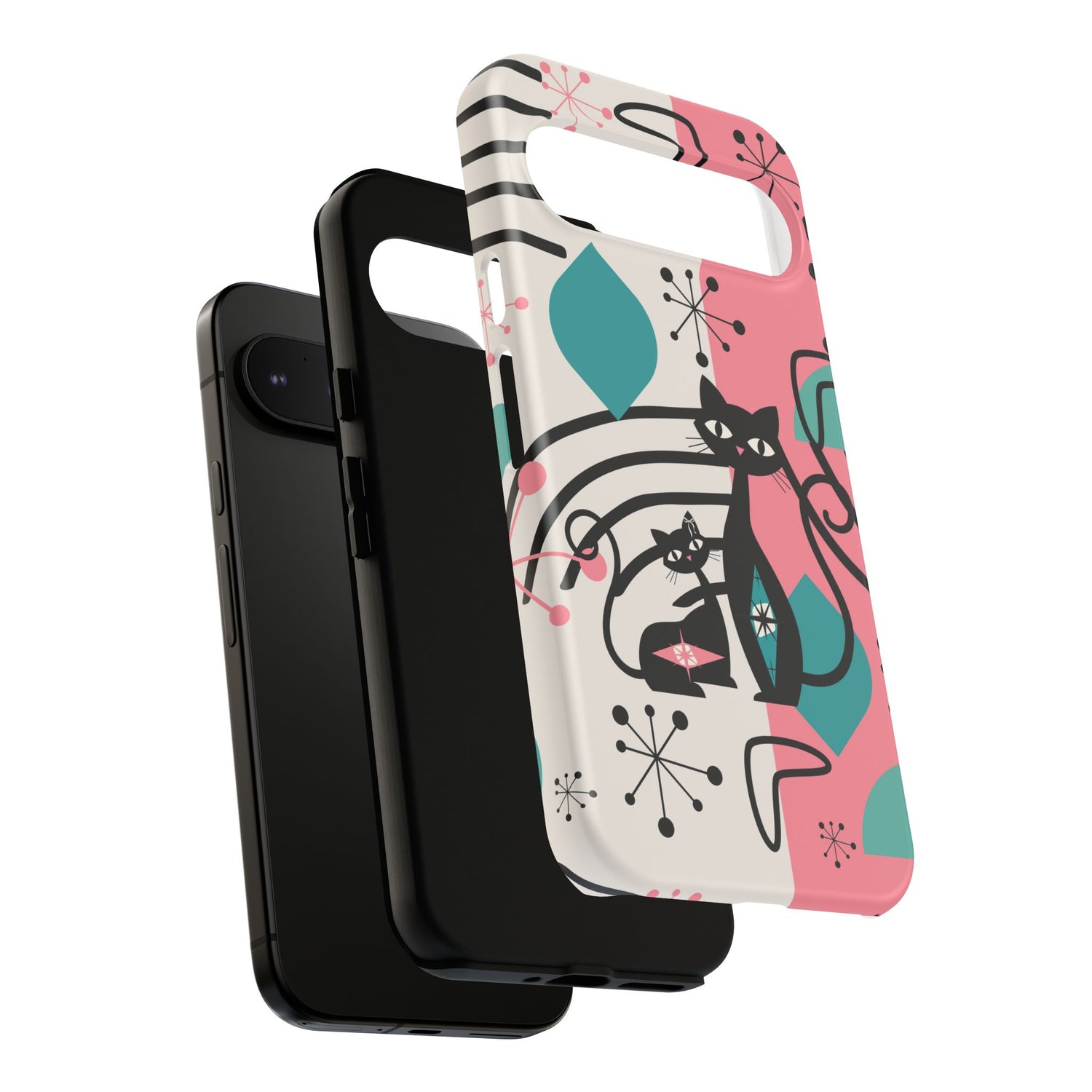 Mid Mod Atomic Cat Boomerang Starburst, Pink, Black Kitschy Stylish Cat Phone Case: Modern Design for Cat Lovers