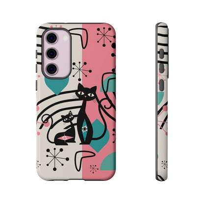 Mid Mod Atomic Cat Boomerang Starburst, Pink, Black Kitschy Stylish Cat Phone Case: Modern Design for Cat Lovers - Mid Century Modern Gal