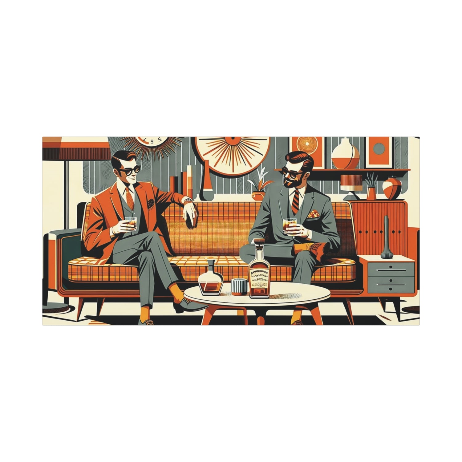 Mid Century Modern Mod Dude, Gay Male Couple Drinking Bourbon, MCM Art