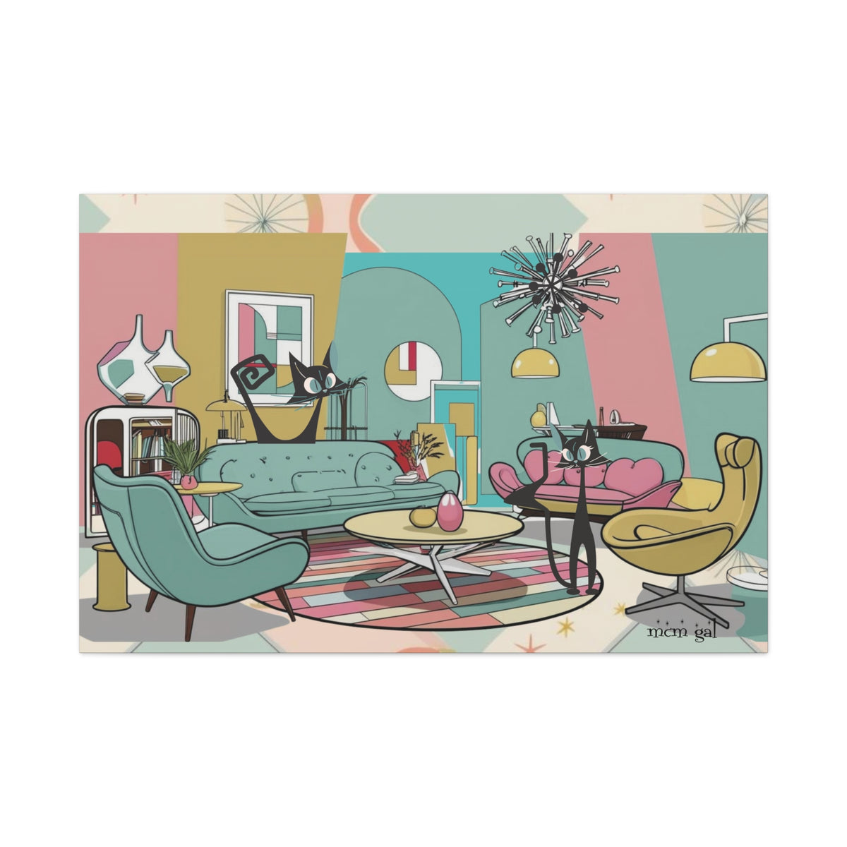 Mid-Century Modern Atomic Cat Kitschy Mod Living Room, Aqua, Pink, Starburst Original Art By MCM GAL - Mid Century Modern Gal