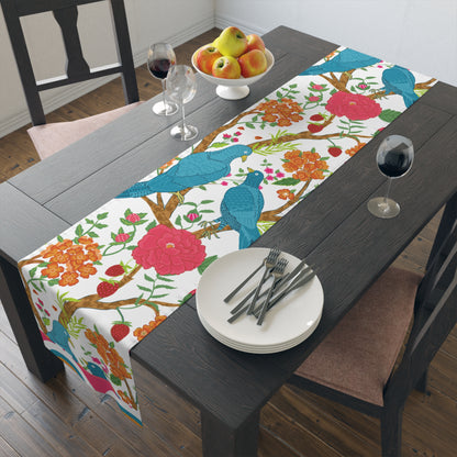 Exotic Birds In Paradise, Pink Golden, Blue Chinoiserie Table Runner