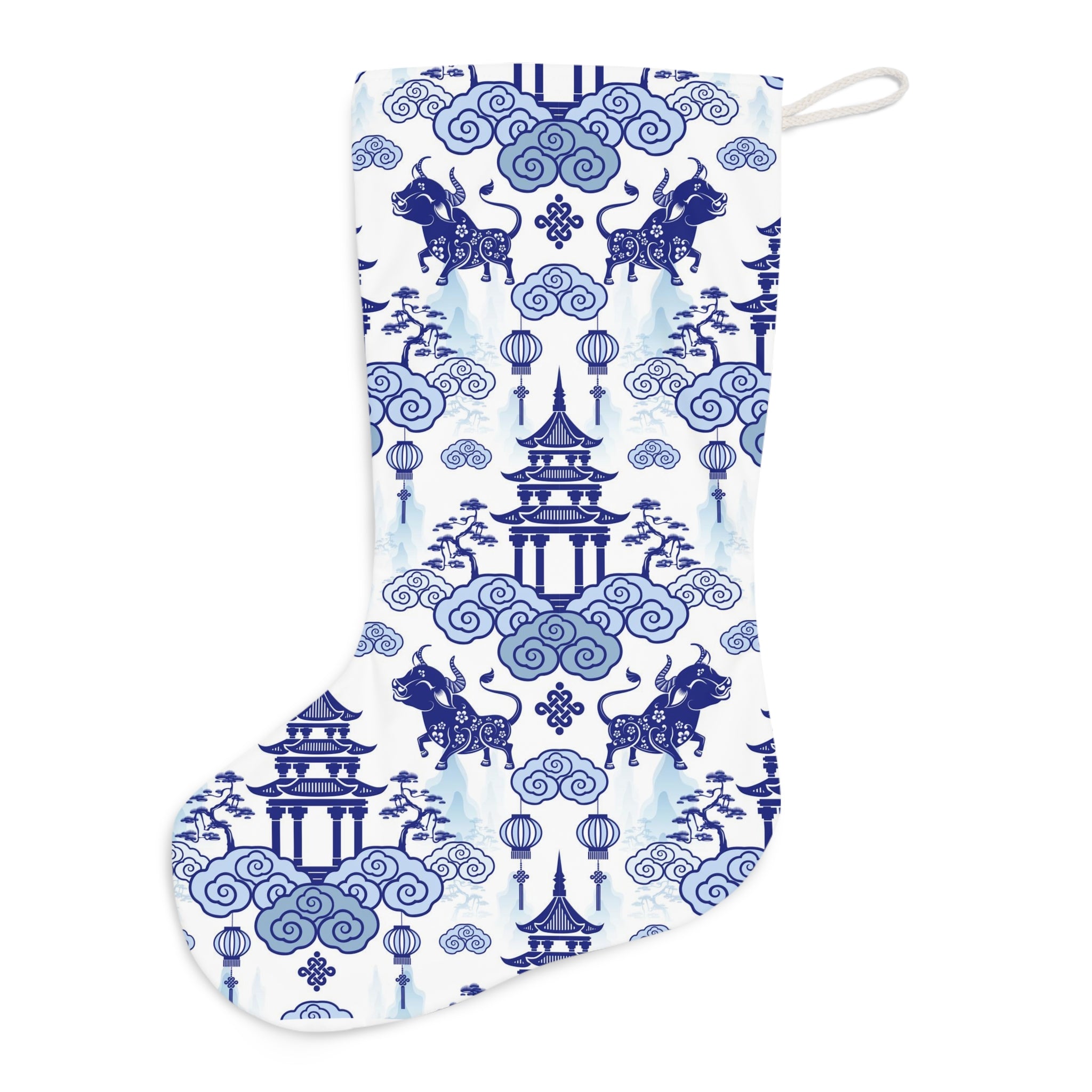 Chinoiserie Christmas Stocking, Blue, White, Flower Flourish Pagoda Whimsical Chinoiserie Holiday Collection