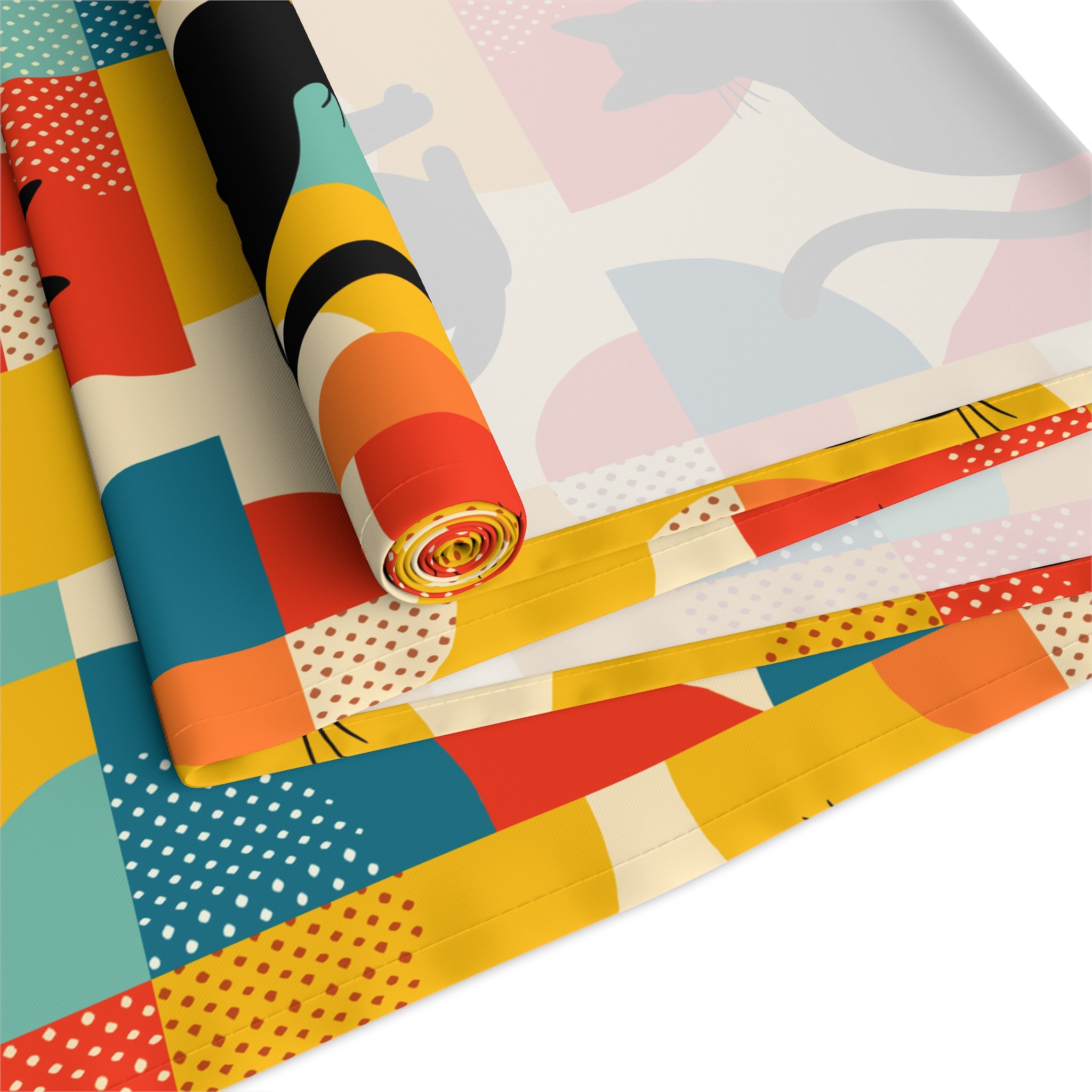Pop Art Black Atomic Cats, Red Blue Yellow, Table Runner - Mid Century Modern Gal