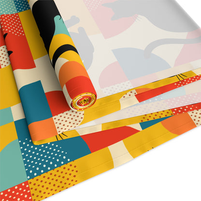 Pop Art Black Atomic Cats, Red Blue Yellow, Table Runner - Mid Century Modern Gal