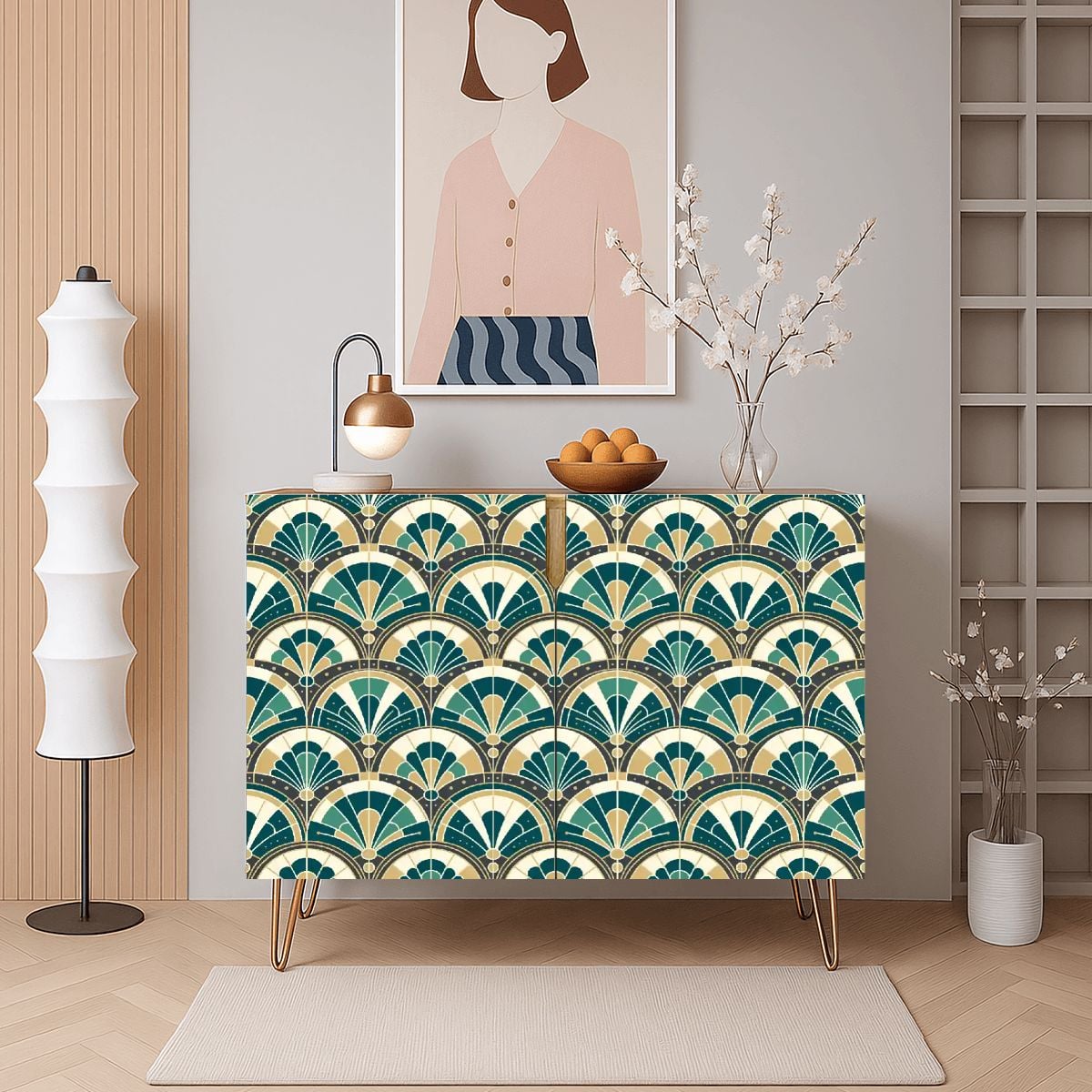Art Deco Peacock Inspired Wooden Storage Cabinet - Mid Century Modern Gal