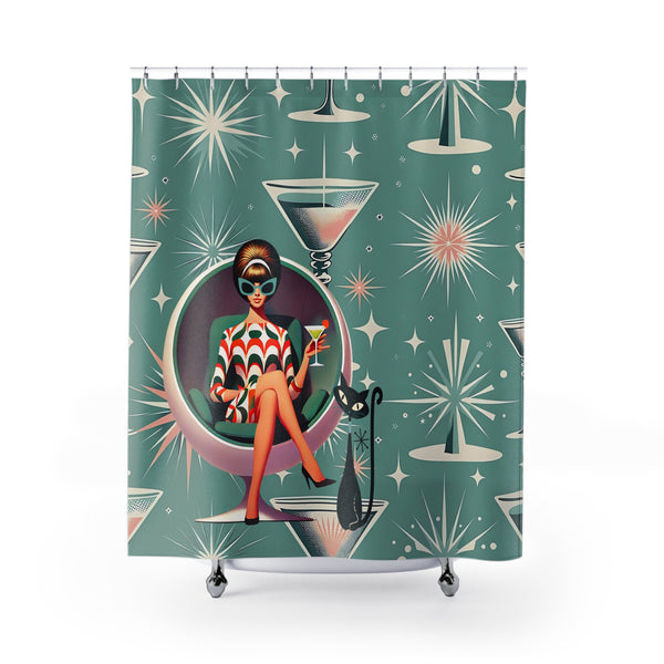 Retro Mod Gal 60s Glamour Shower Curtain with Cocktail Design
