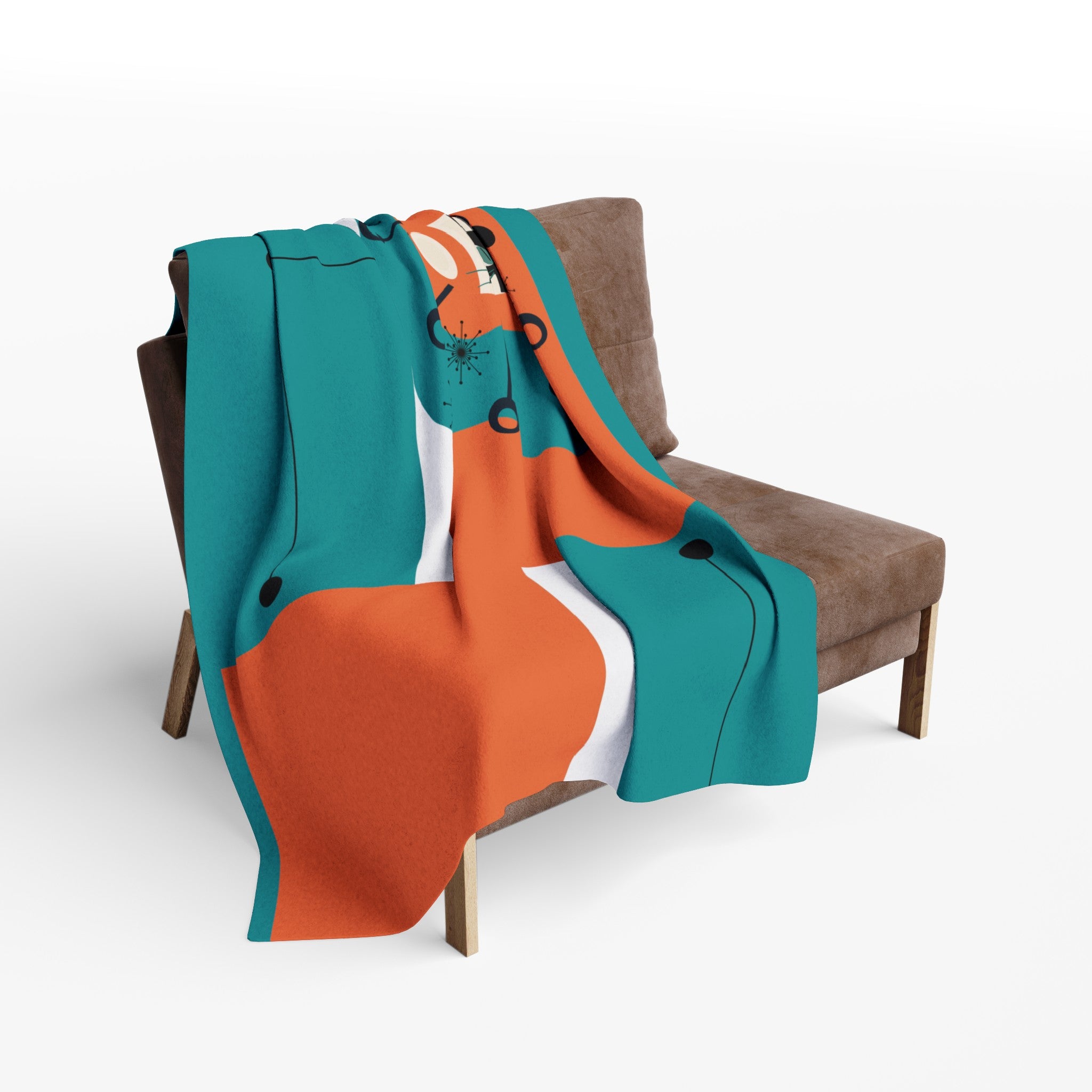 Mid Century Modern Orange Teal Atomic Space Kittie, MCM Lightweight Fleece Blanket