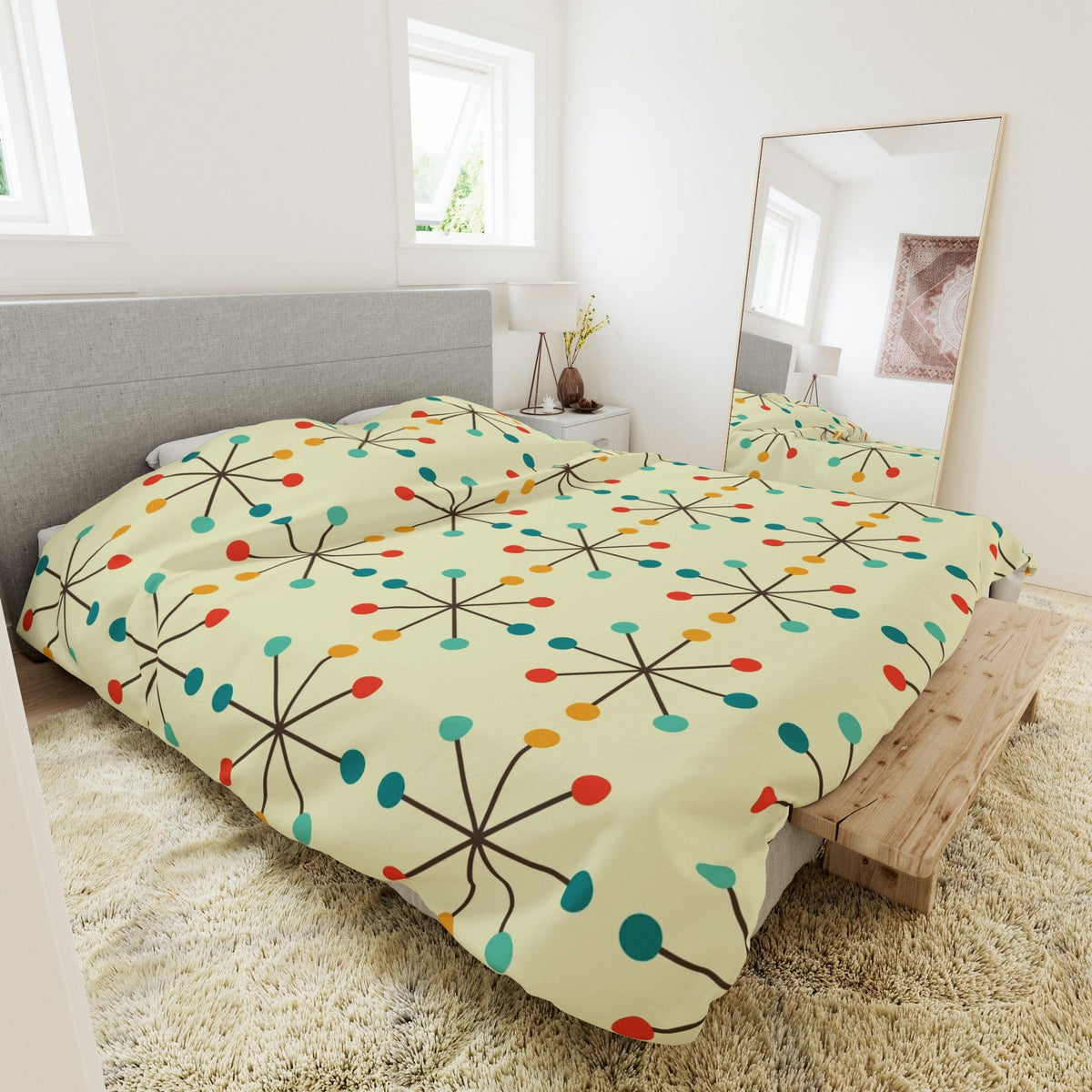 Mid Century Modern Bedding, Atomic Clock, Retro 50's Era King Size Comforter 104" × 88"