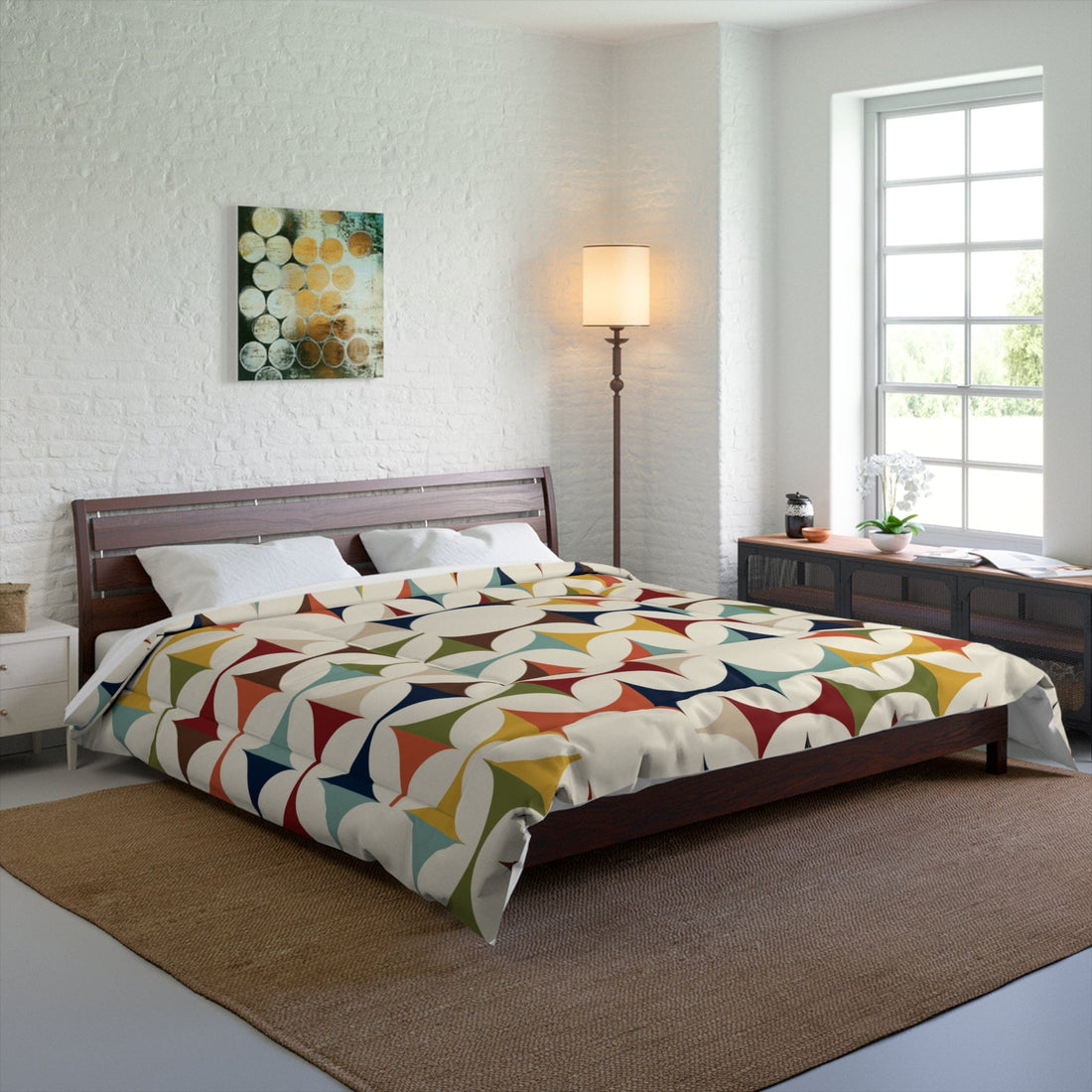 Mid Century Modern Comforter, Retro Scandinavian Modern Danish Geometric Design, Green, Brown, Beige, Yellow, Teal, MCM Home Decor Home Decor 104&quot; × 88&quot;