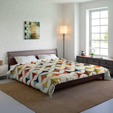 Mid Century Modern Comforter, Retro Scandinavian Modern Danish Geometric Design, Green, Brown, Beige, Yellow, Teal, MCM Home Decor Home Decor 104" × 88"