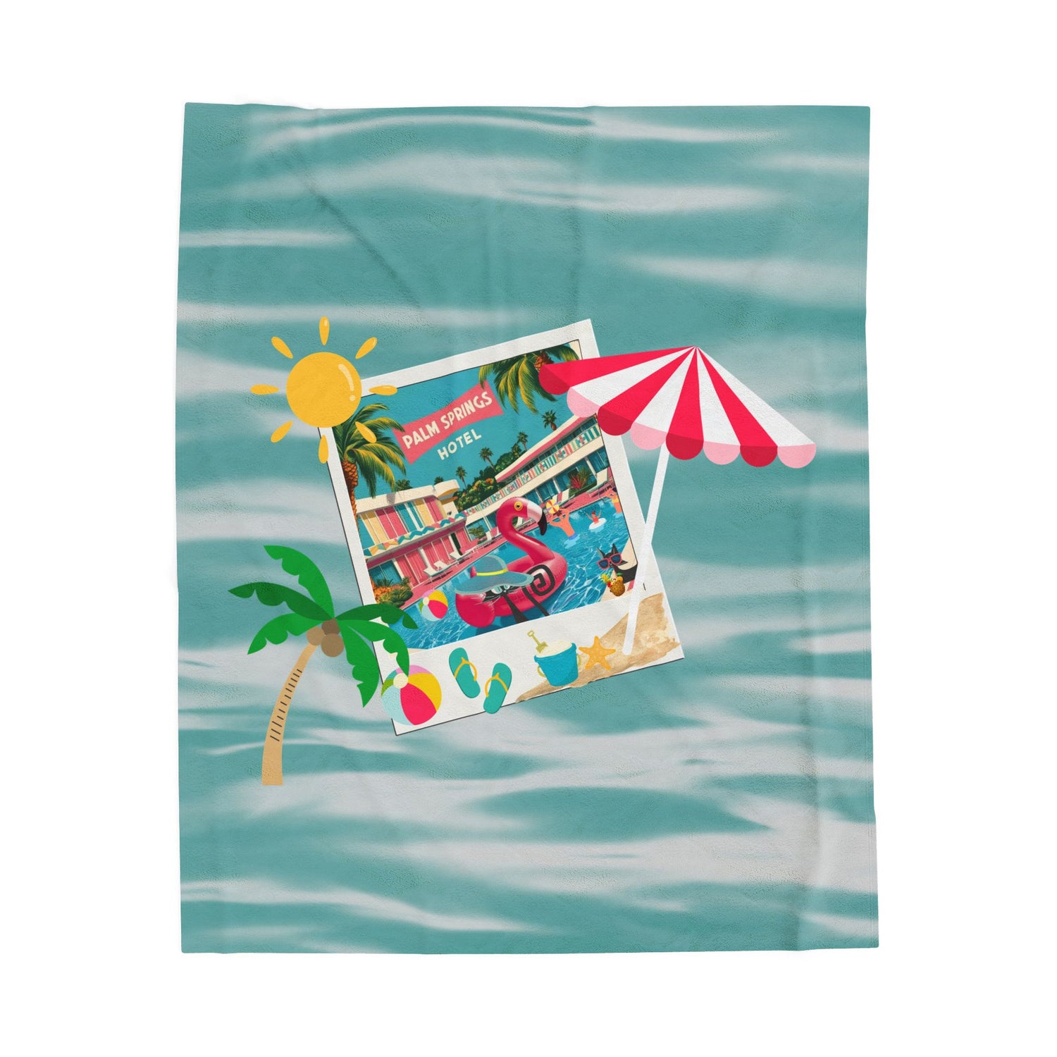 Palm Springs Hotel Retro Mod Flamingo And Atomic Cats, Tropical Getaway Velveteen Plush Blanket - Perfect for Beach Days and Cozy Nights - Mid Century Modern Gal