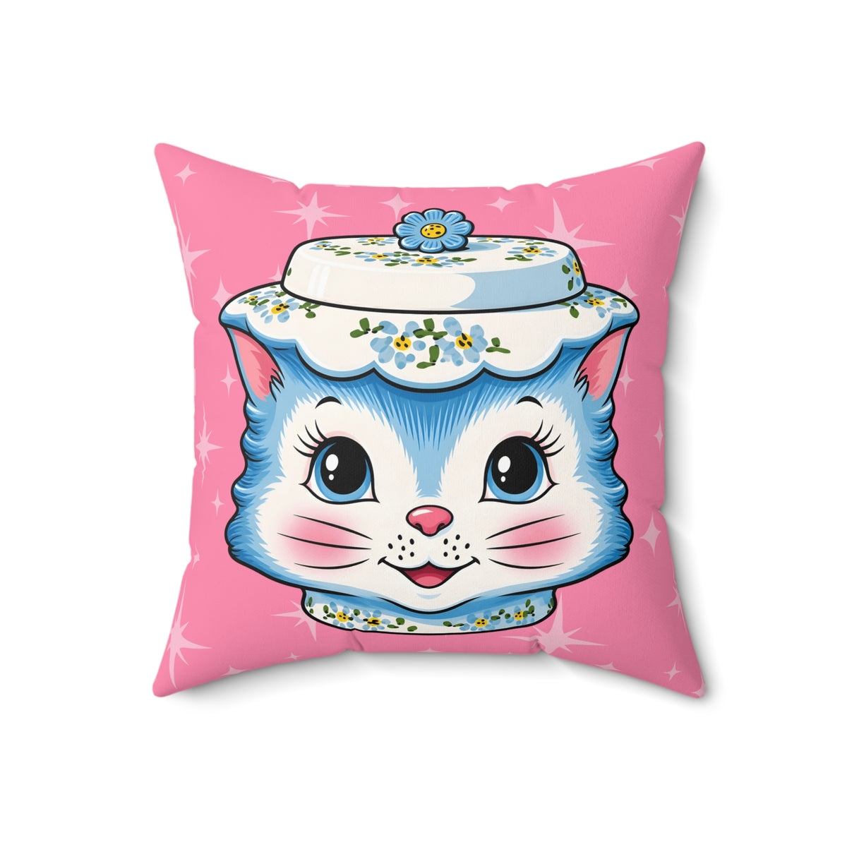 Mid Century Modern Kitschy Anthropomorphic Blue Cat with Floral Hat Pillow Cover and Insert - Mid Century Modern Gal