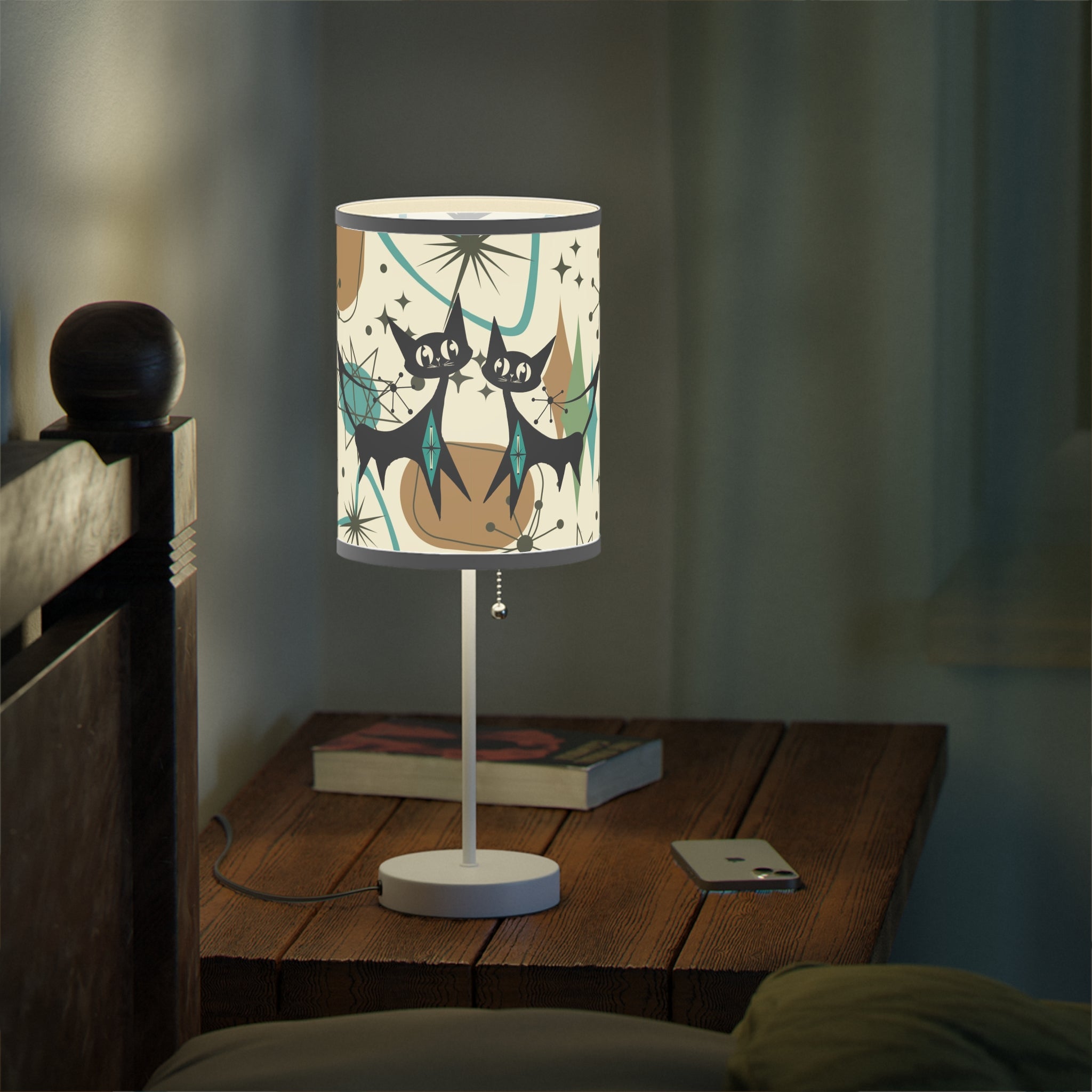 Mid Century Modern Table Lamp, Atomic Kitschy Cats, Starbursts Boomerang Themed Table Lamp
