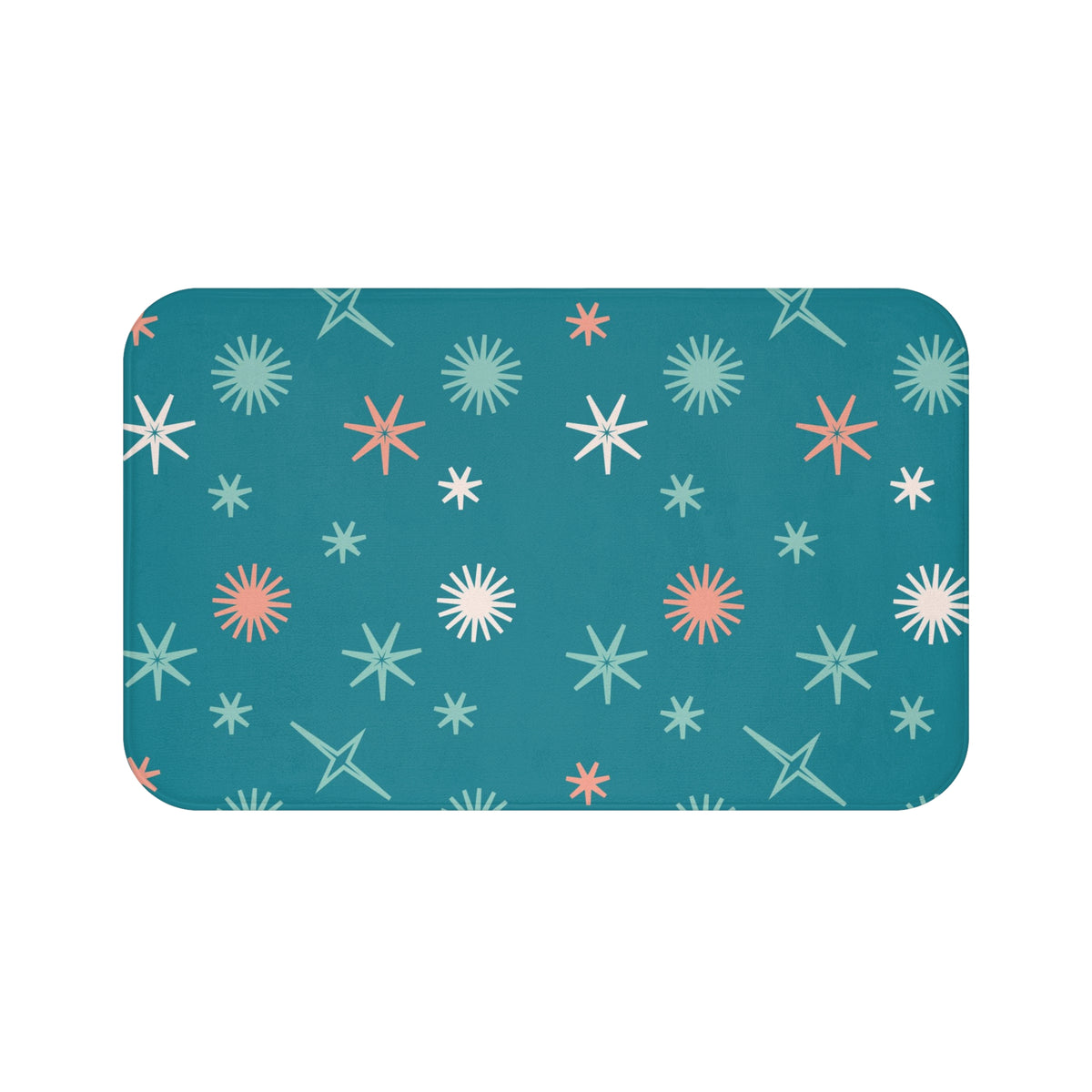 Mid Century Modern Starburst Bath Mat In Teal, Coral Pink, White Kitschy Fun Bath Decor - Mid Century Modern Gal