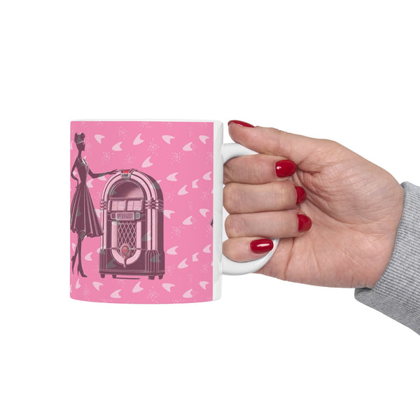 Vintage Retro Jukebox Ceramic Mug, Nostalgic Coffee Cup for Music Lovers, Gifts for Her, Housewarming, Birthday, Pink Design