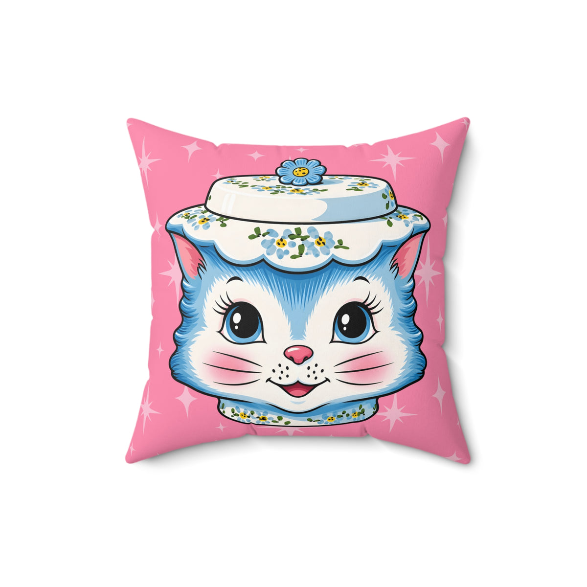 Mid Century Modern Kitschy Anthropomorphic Blue Cat with Floral Hat Pillow Cover and Insert - Mid Century Modern Gal