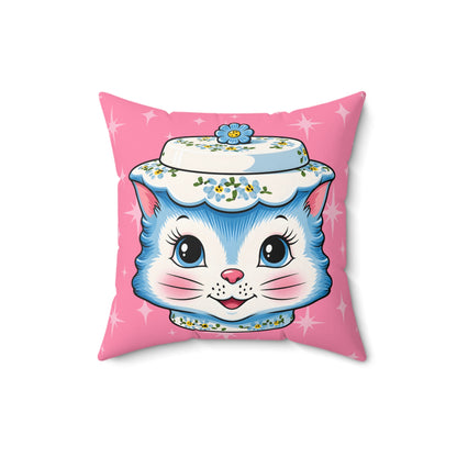 Mid Century Modern Kitschy Anthropomorphic Blue Cat with Floral Hat Pillow Cover and Insert - Mid Century Modern Gal