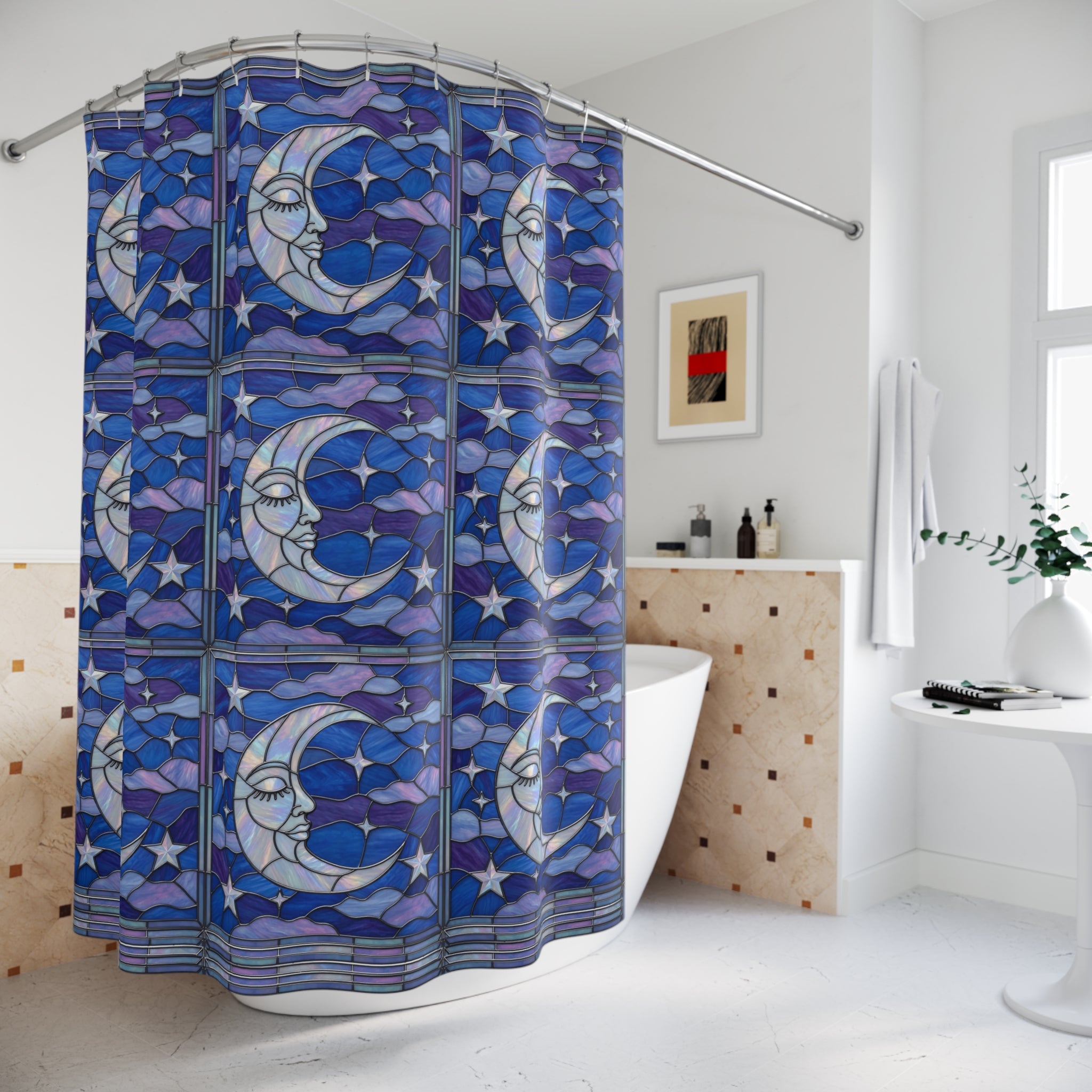Halloween Stained Glass Style Night Sky Moon Stars Clouds Shower Curtain - Mid Century Modern Gal