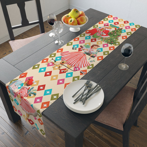 Vintage Holiday Table Runner with Retro Christmas Design