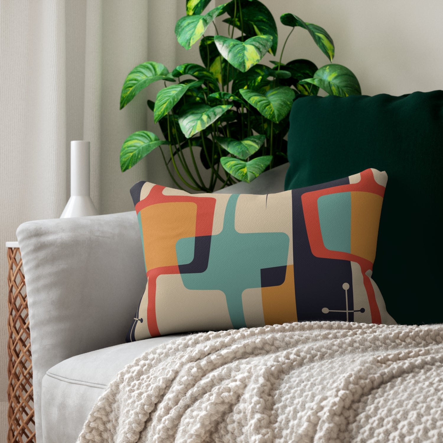 Mid Century Modern Geometric, Teal Aqua Blue, Mustard Yellow, Coral, Atomic Starburst Retro Lumbar Pillow - Mid Century Modern Gal