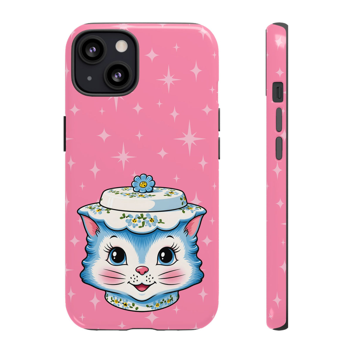 Mid Century Modern Kitschy Anthropomorphic Blue Cat with Floral Hat Tough Phone Case
