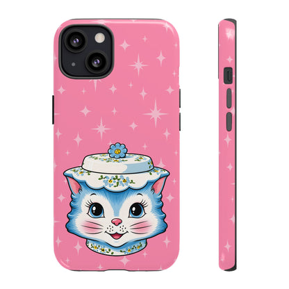 Mid Century Modern Kitschy Anthropomorphic Blue Cat with Floral Hat Tough Phone Case