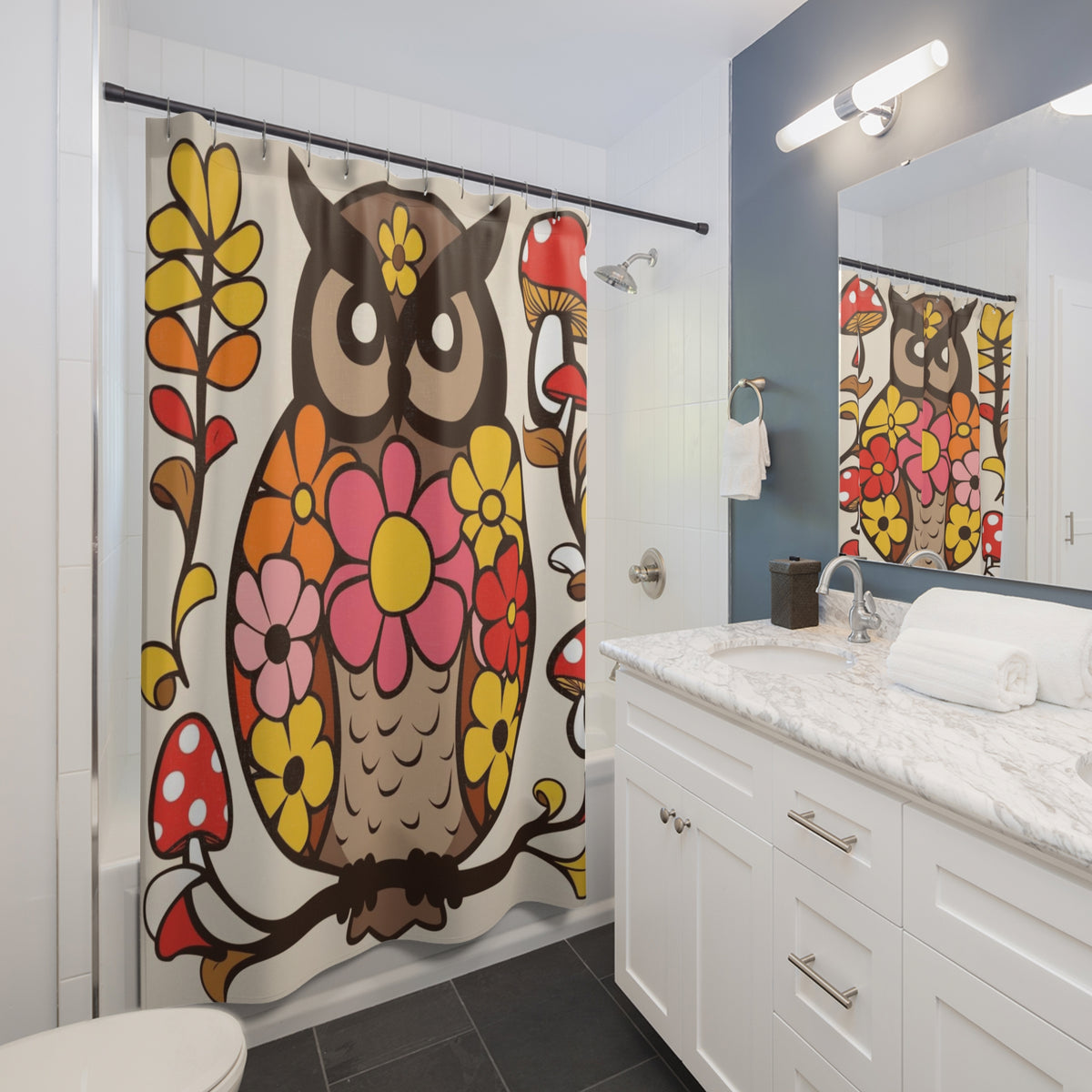 Retro Groovy 70s Owl, Mushroom Floral Bohemian Owl Shower Curtain - Colorful Floral Design for a Cozy Bathroom - Mid Century Modern Gal