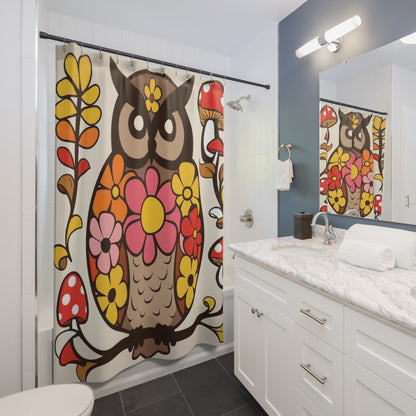Retro Groovy 70s Owl, Mushroom Floral Bohemian Owl Shower Curtain - Colorful Floral Design for a Cozy Bathroom - Mid Century Modern Gal
