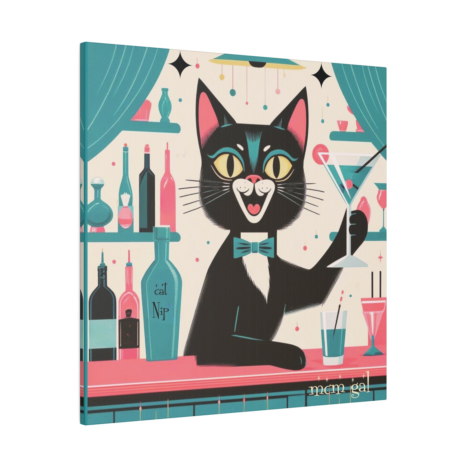Mid Century Modern Atomic Cat Kitschy Bar Art, Aqua Blue, Pink 50s MCM Matte Canvas