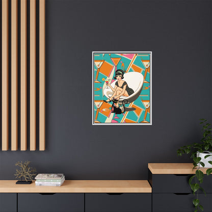 Mid Mod 60s Gal, Atomic Cat Barware Wall Art - Framed Matte Canvas with Vintage Cocktail And Retro Cat Design