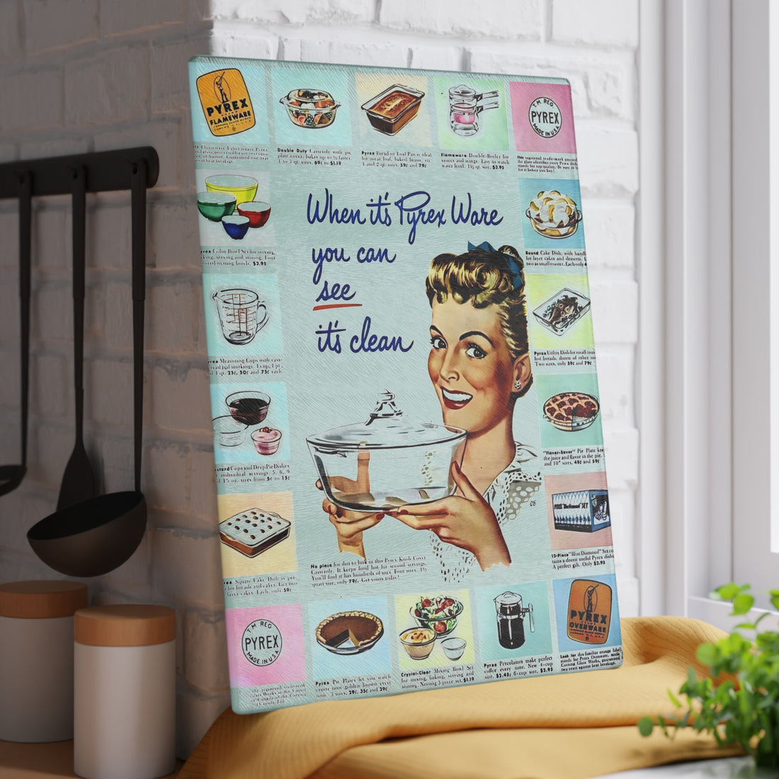 Pyrex Kitchen Ad Vintage Inspired Glass Cutting Board - Retro Kitchen Decor with Recipe Graphics - Mid Century Modern Gal