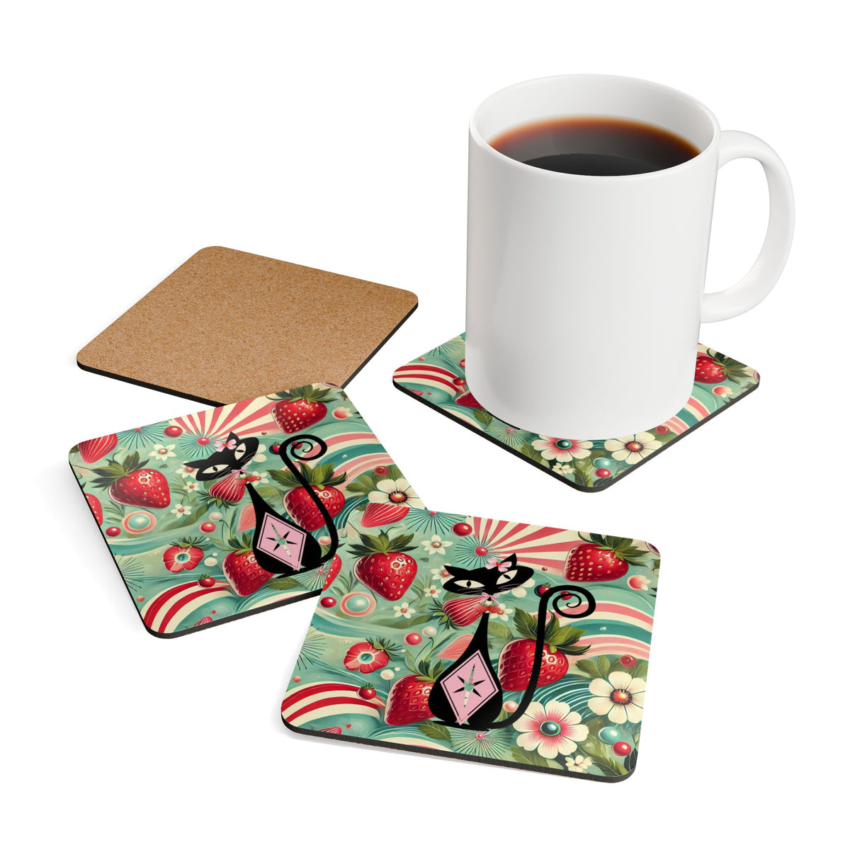 Atomic Cat, Whimsical Cat & Strawberry Cork Coaster Set - Fun and Vintage Decor for Home - Mid Century Modern Gal