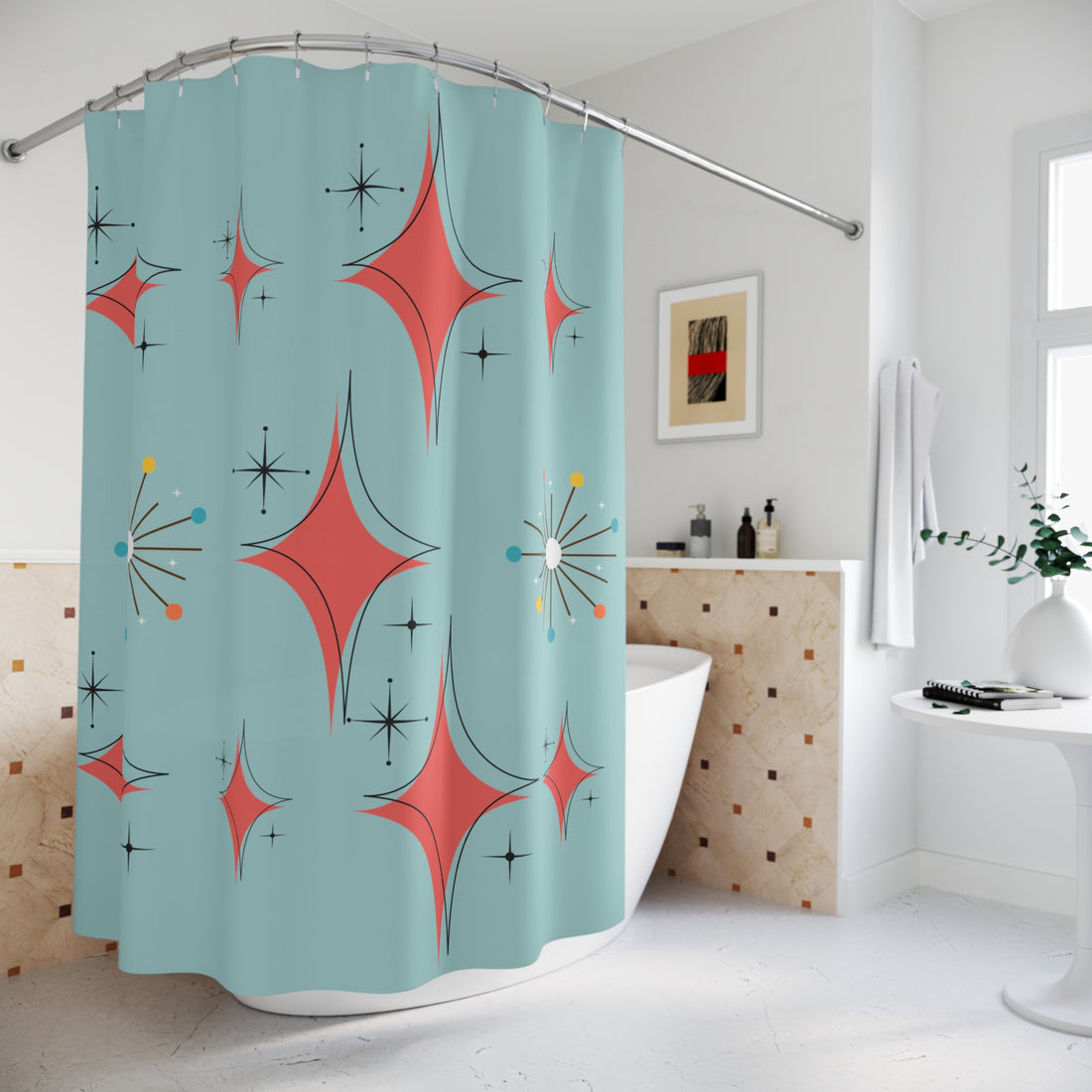 Mid Century Modern Atomic Starburst Diamond Coral, Misty Blue, Shower Curtain - Mid Century Modern Gal