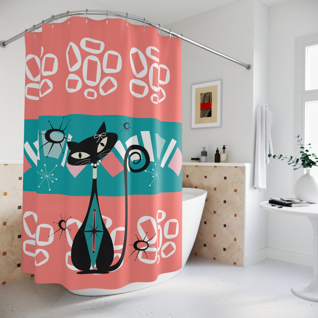 Atomic Cat Mid Century Modern Coral, Teal Kitschy Cute Shower Curtain - Mid Century Modern Gal