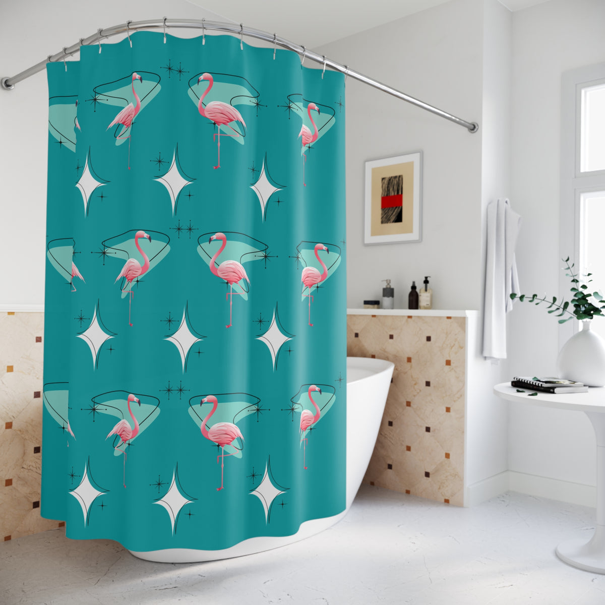 50s Palm Springs Cali Flamingo Shower Curtain In Teal And Pink Boomerang - Mid Century Modern Gal