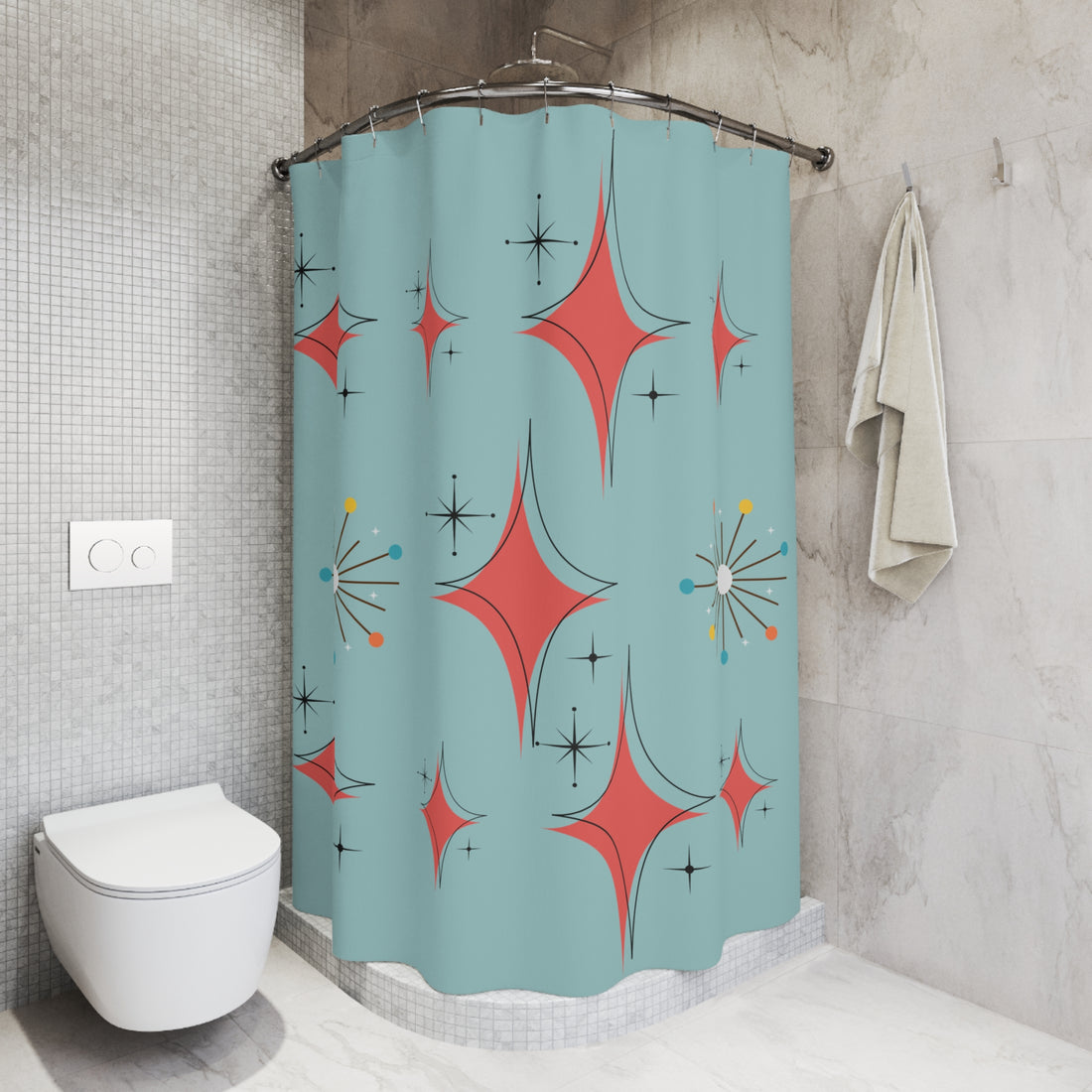 Mid Century Modern Atomic Starburst Diamond Coral, Misty Blue, Shower Curtain - Mid Century Modern Gal