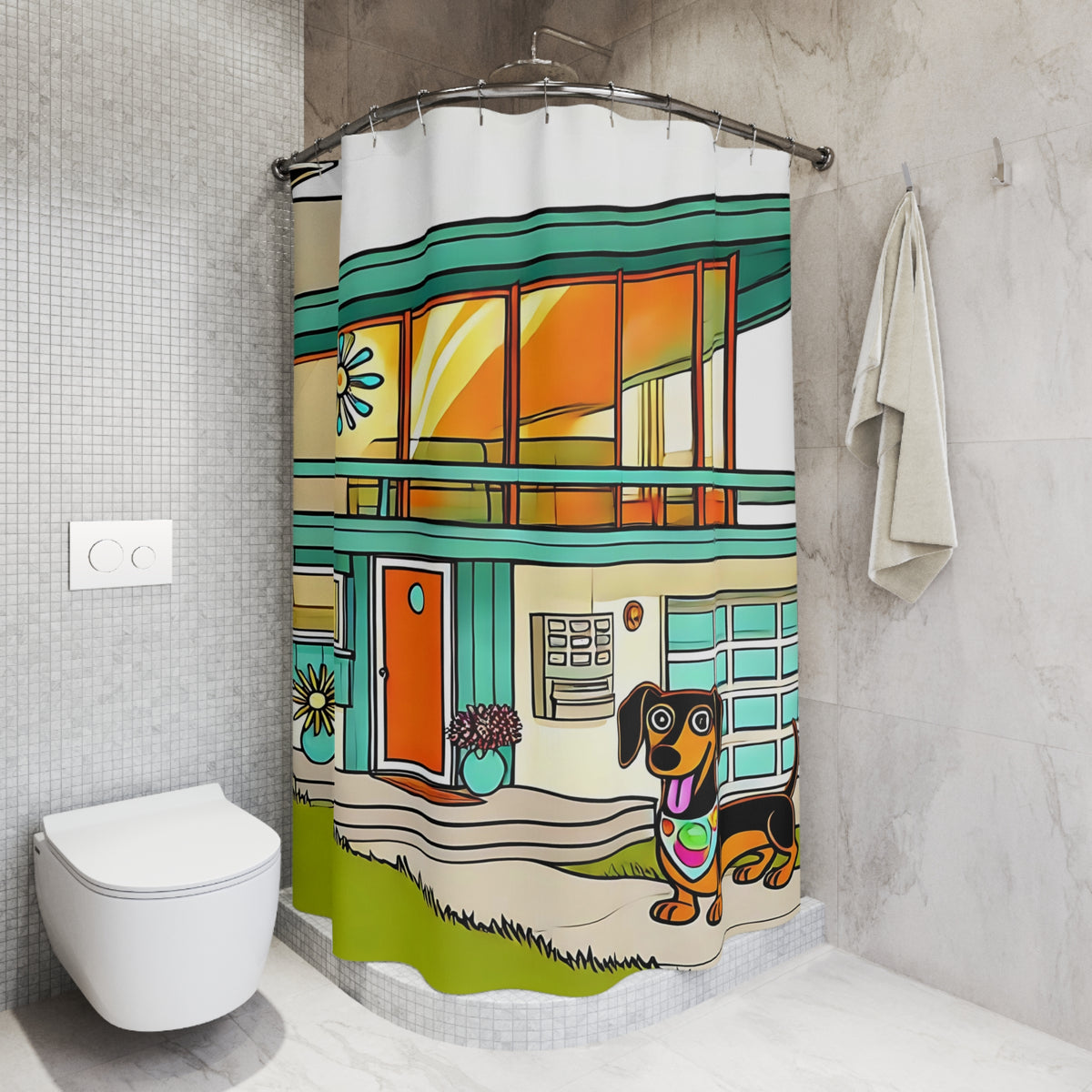 Doxie Dog Palm Spring California Mid Century Modern Kitschy Shower Curtain - Mid Century Modern Gal