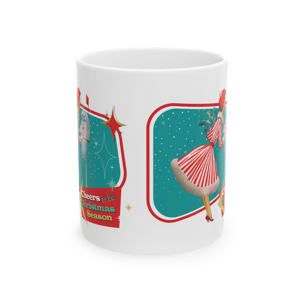 Vintage Christmas Cheer Mug, Holiday Coffee Cup, Festive Ceramic Drinkware, Retro Holiday Gifts, Christmas Decorations - Mid Century Modern Gal