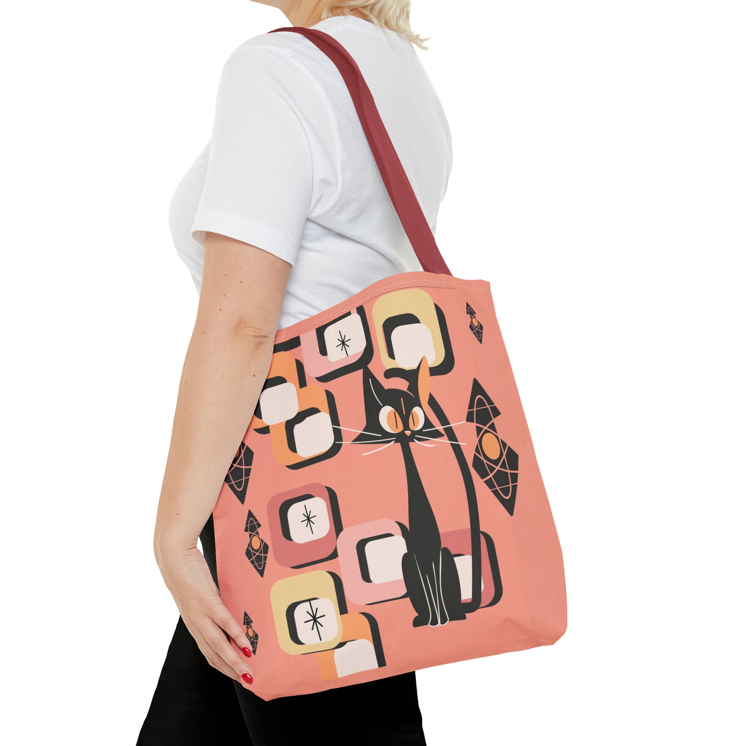 Atomic Cat Tote Bag, Coral Color, Mid Century Modern Geometric Designs, Mid Mod Retro Apparel