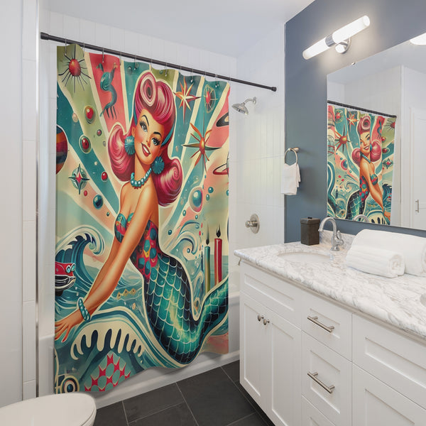 1950s Vintage Mermaid, Mid Century Modern Kitschy Shower Curtain