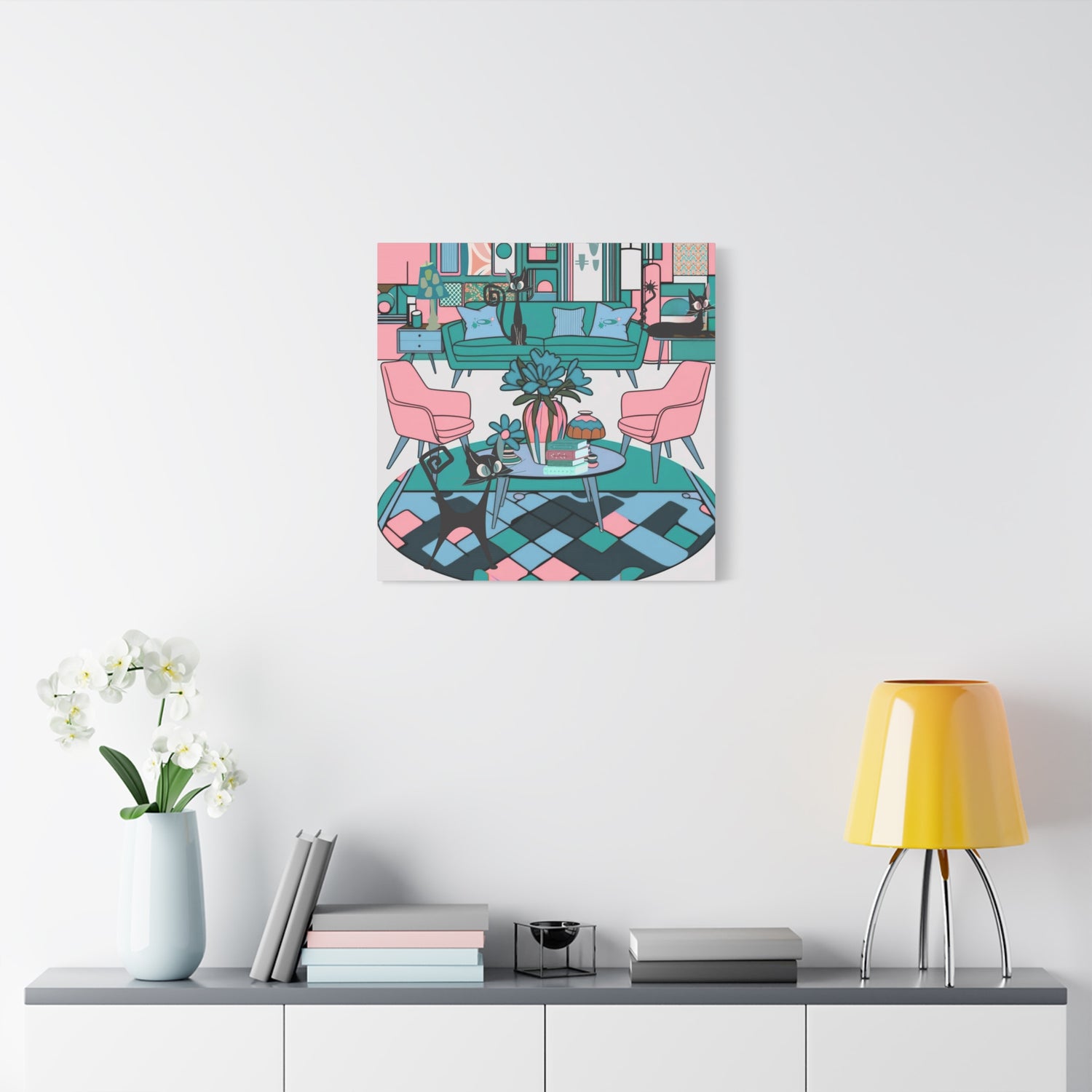 Atomic Cat Mid Century Modern Wall Art Colorful Cat-Themed Canvas Art - Mid Century Modern Gal