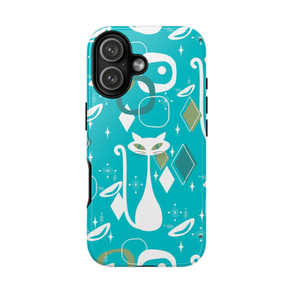 Atomic Cat Space Designs, Mid Century Modern, Aqua, White Kitschy Cat Tough Phone Case